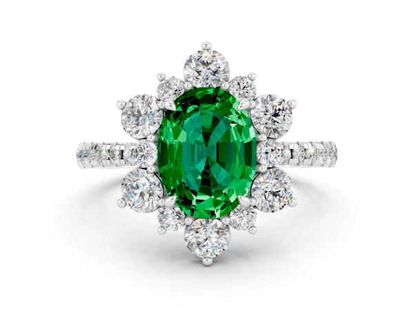 Silver Oval Cut Emerald Floral Halo Ring with Round Pavé Band and Prong Setting