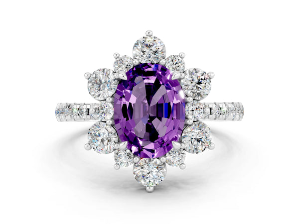 Silver Oval Cut Amethyst Floral Halo Ring with Round Pavé Band and Prong Setting