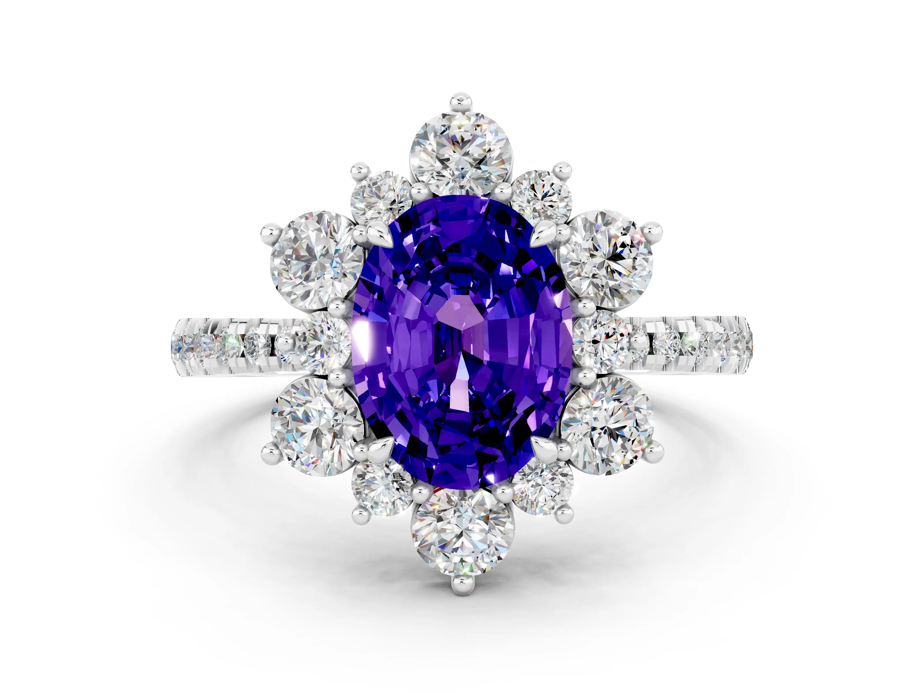 White gold Oval Cut Cut Diamond Floral Halo Pave Band with Prong Setting