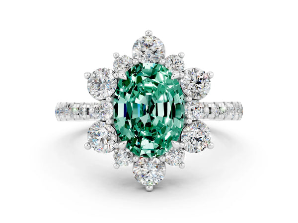 Platinum Oval Cut Green Sapphire Floral Halo Ring with Round Pavé Band and Prong Setting