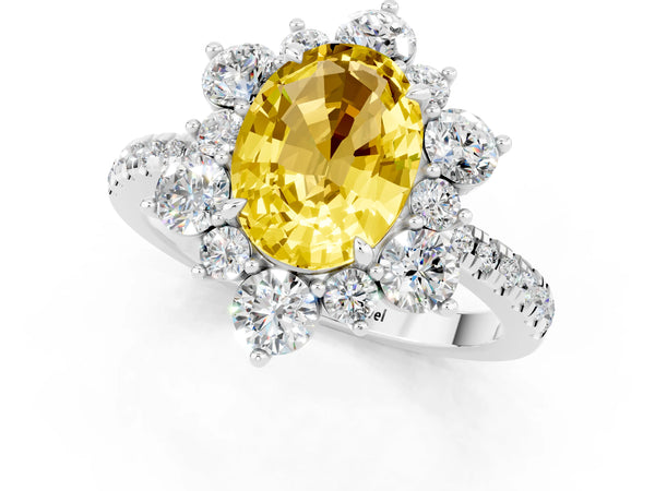White gold Oval Cut Yellow Sapphire Floral Halo Ring with Round Pavé Band and Prong Setting