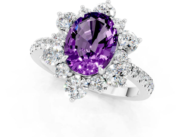 Silver Oval Cut Amethyst Floral Halo Ring with Round Pavé Band and Prong Setting