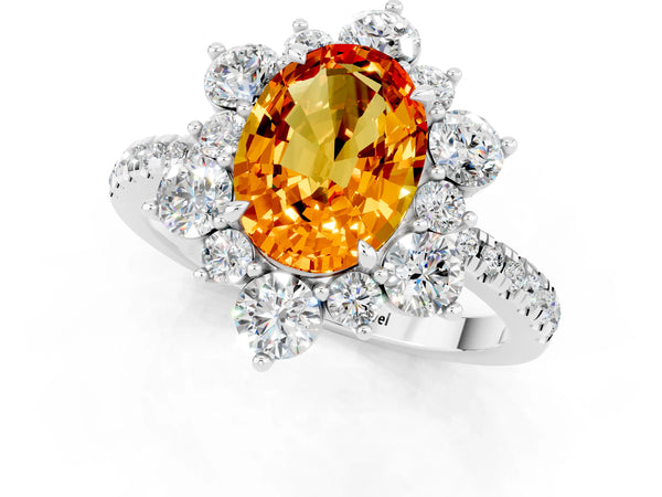 Silver Oval Cut Citrine Floral Halo Ring with Round Pavé Band and Prong Setting