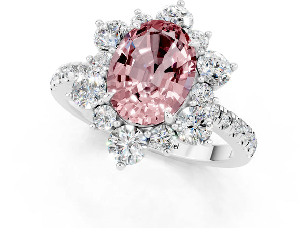 Platinum Oval Cut Cut Diamond Floral Halo Pave Band with Prong Setting