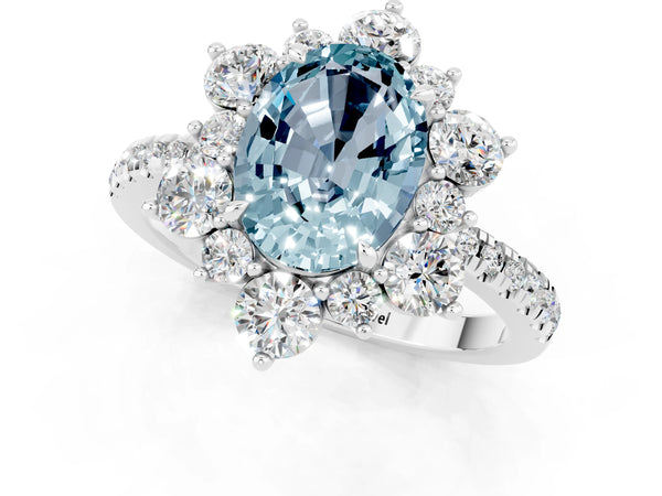 Platinum Oval Cut Cut Diamond Floral Halo Pave Band with Prong Setting