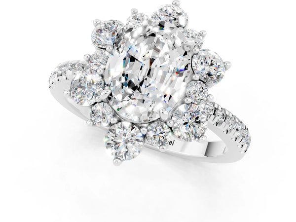 Silver Oval Cut Moissanite Floral Halo Ring with Round Pavé Band and Prong Setting