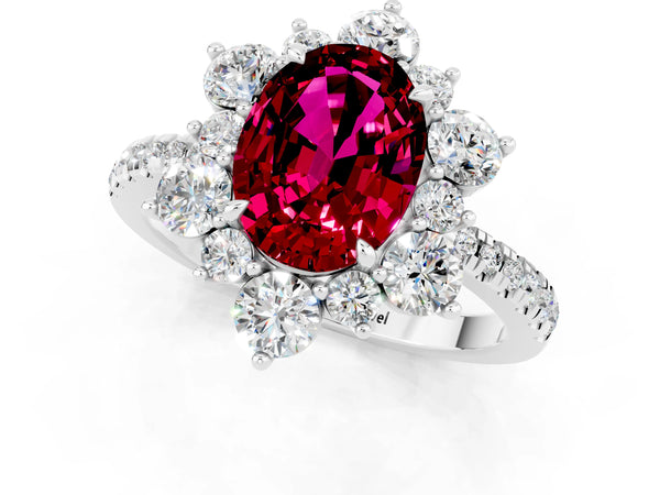 White gold Oval Cut Garnet Floral Halo Ring with Round Pavé Band and Prong Setting