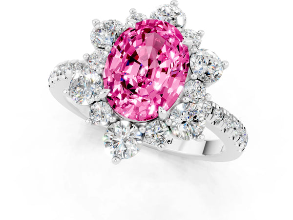 Platinum Oval Cut Cut Diamond Floral Halo Pave Band with Prong Setting