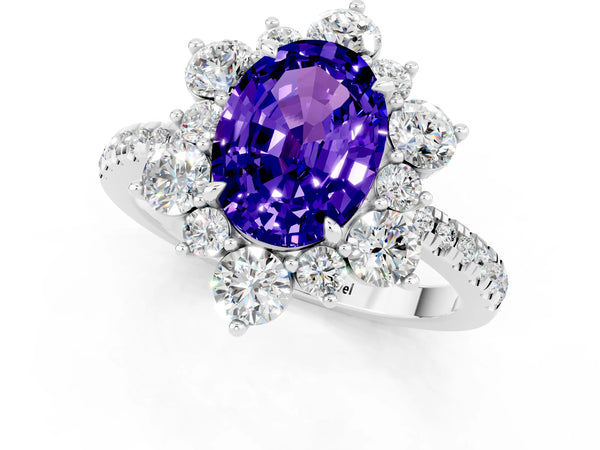 Silver Oval Cut Tanzanite Floral Halo Ring with Round Pavé Band and Prong Setting