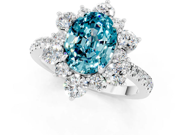 White gold Oval Cut Cut Diamond Floral Halo Pave Band with Prong Setting