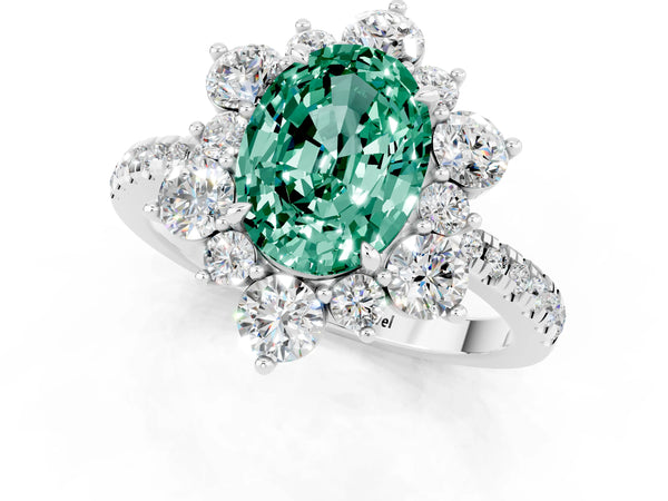White gold Oval Cut Green Sapphire Floral Halo Ring with Round Pavé Band and Prong Setting