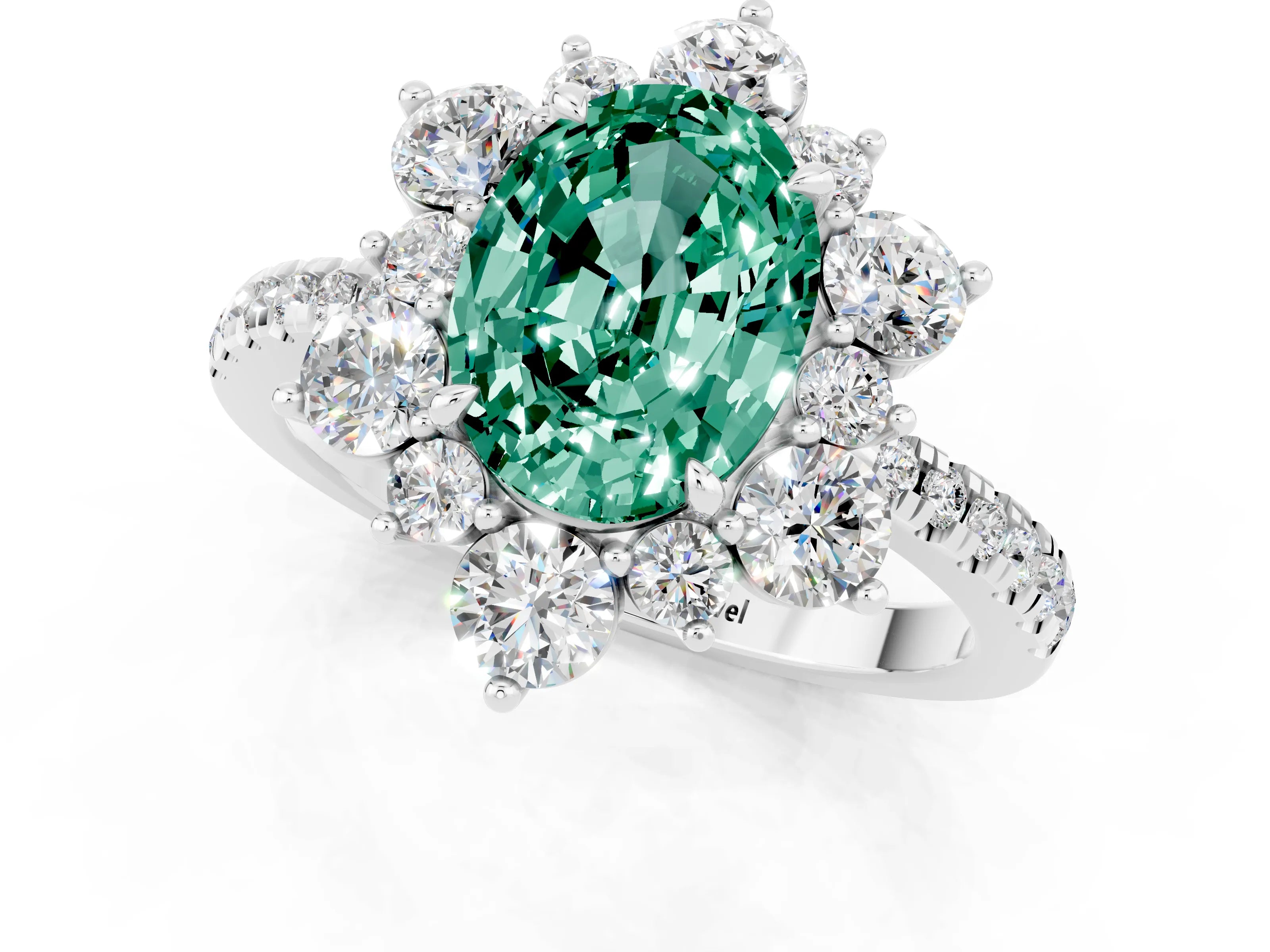 White gold Oval Cut Cut Diamond Floral Halo Pave Band with Prong Setting_1