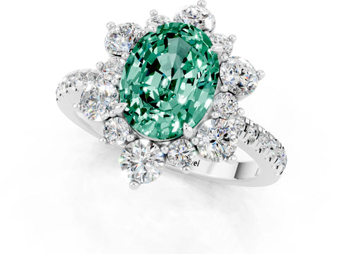 White gold Oval Cut Cut Diamond Floral Halo Pave Band with Prong Setting_1