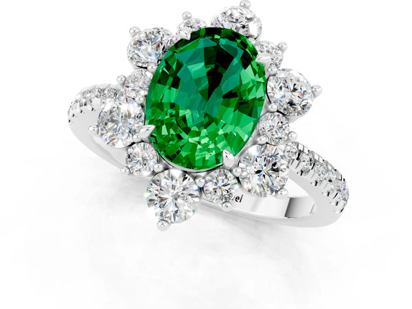 White gold Oval Cut Emerald Floral Halo Ring with Round Pavé Band and Prong Setting