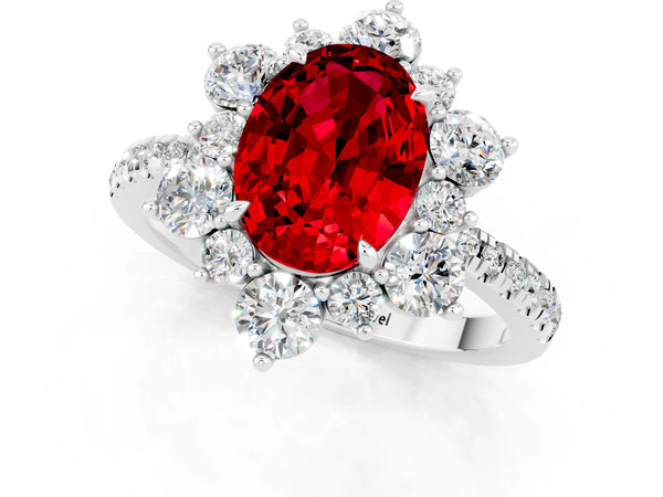 Silver Oval Cut Ruby Floral Halo Ring with Round Pavé Band and Prong Setting