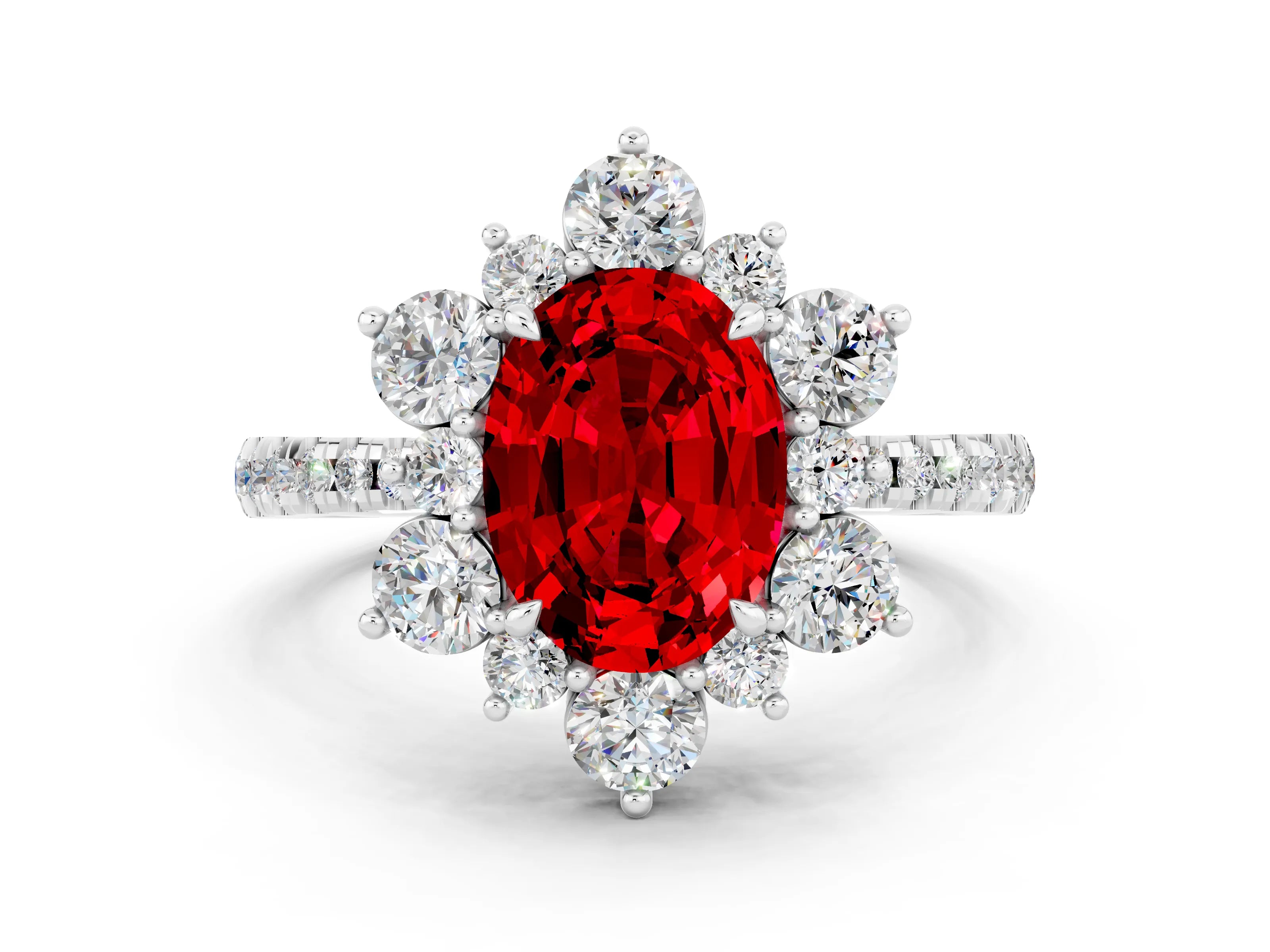 White gold Oval Cut Cut Diamond Floral Halo Pave Band with Prong Setting