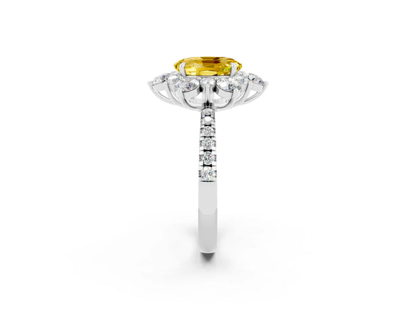 Silver Oval Cut Yellow Sapphire Floral Halo Ring with Round Pavé Band and Prong Setting