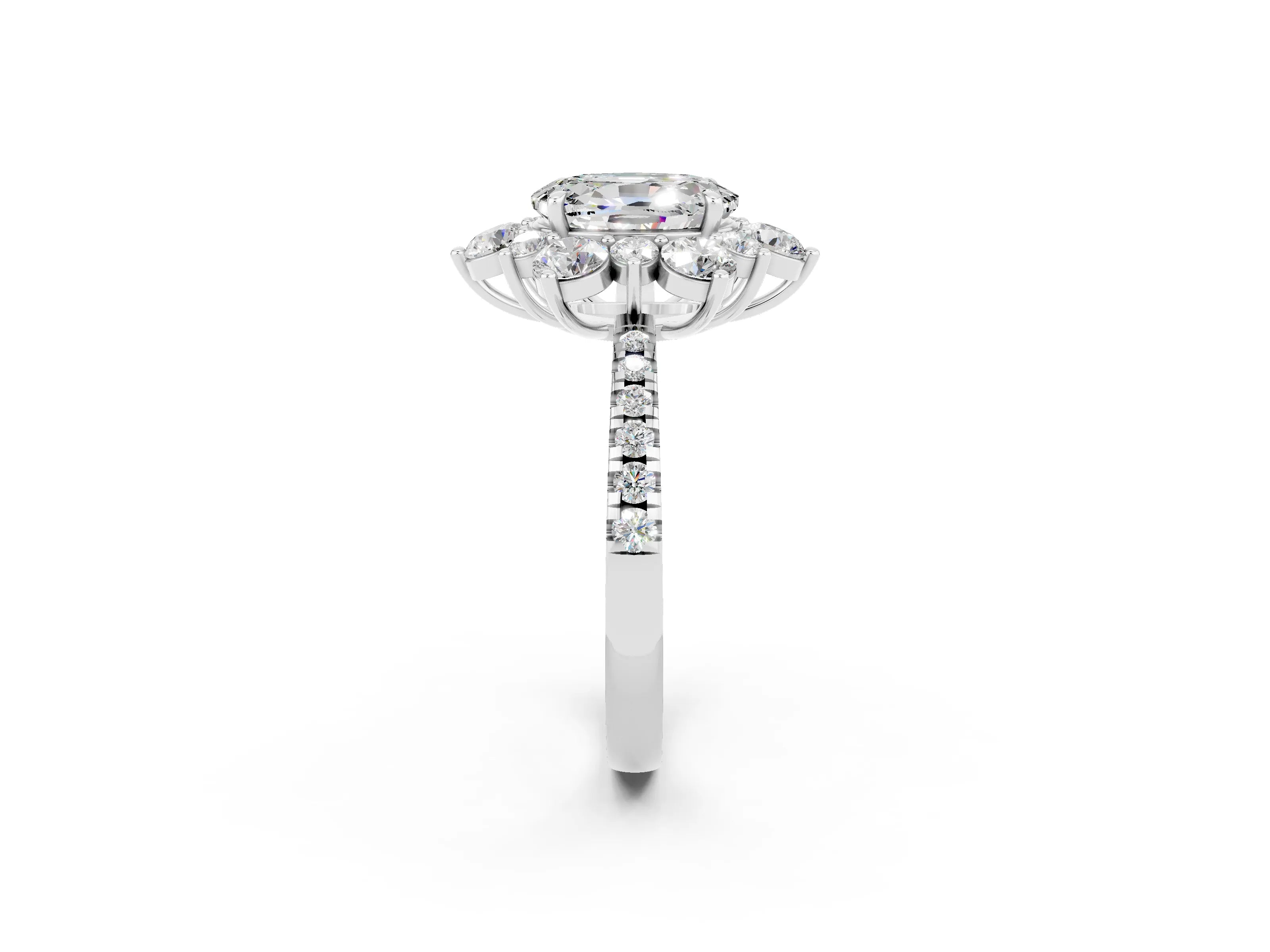 White gold Oval Cut Cut Diamond Floral Halo Pave Band with Prong Setting_2