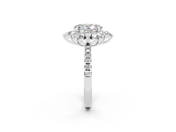 White gold Oval Cut Moissanite Floral Halo Ring with Round Pavé Band and Prong Setting