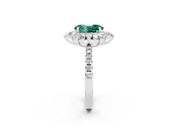 Silver Oval Cut Green Sapphire Floral Halo Ring with Round Pavé Band and Prong Setting