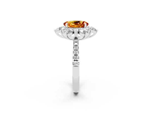 Platinum Oval Cut Citrine Floral Halo Ring with Round Pavé Band and Prong Setting