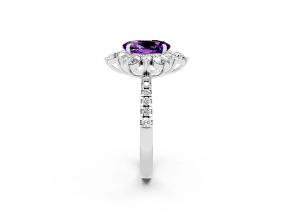 Silver Oval Cut Amethyst Floral Halo Ring with Round Pavé Band and Prong Setting