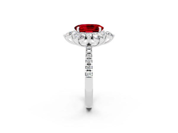 Platinum Oval Cut Ruby Floral Halo Ring with Round Pavé Band and Prong Setting