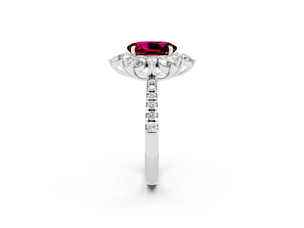 Silver Oval Cut Garnet Floral Halo Ring with Round Pavé Band and Prong Setting