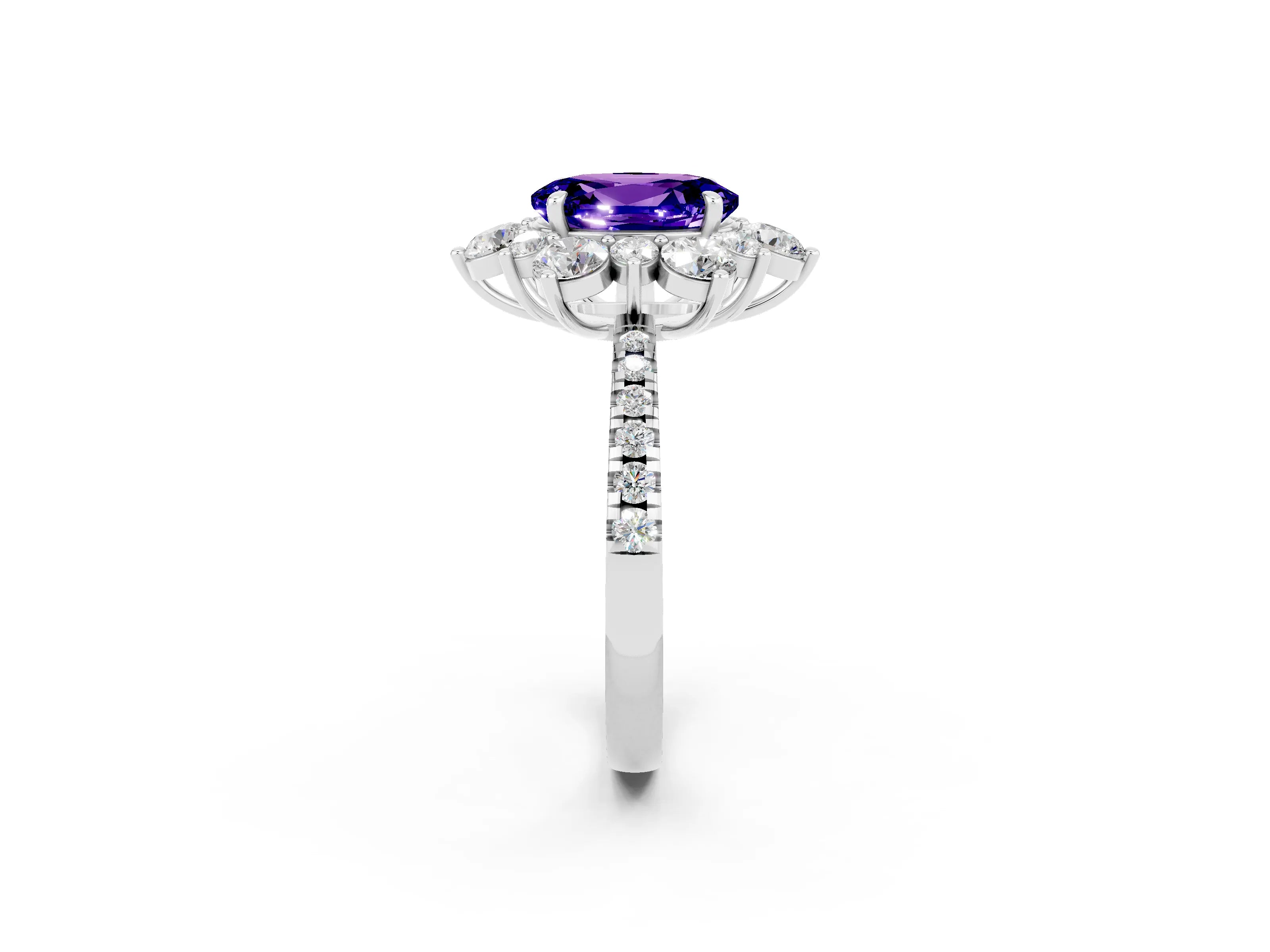 White gold Oval Cut Cut Diamond Floral Halo Pave Band with Prong Setting_2