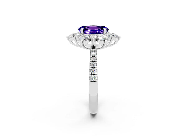 Silver Oval Cut Tanzanite Floral Halo Ring with Round Pavé Band and Prong Setting