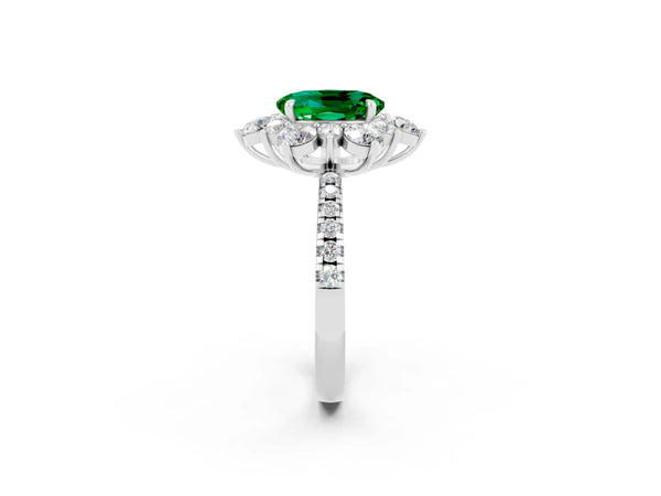 White gold Oval Cut Emerald Floral Halo Ring with Round Pavé Band and Prong Setting