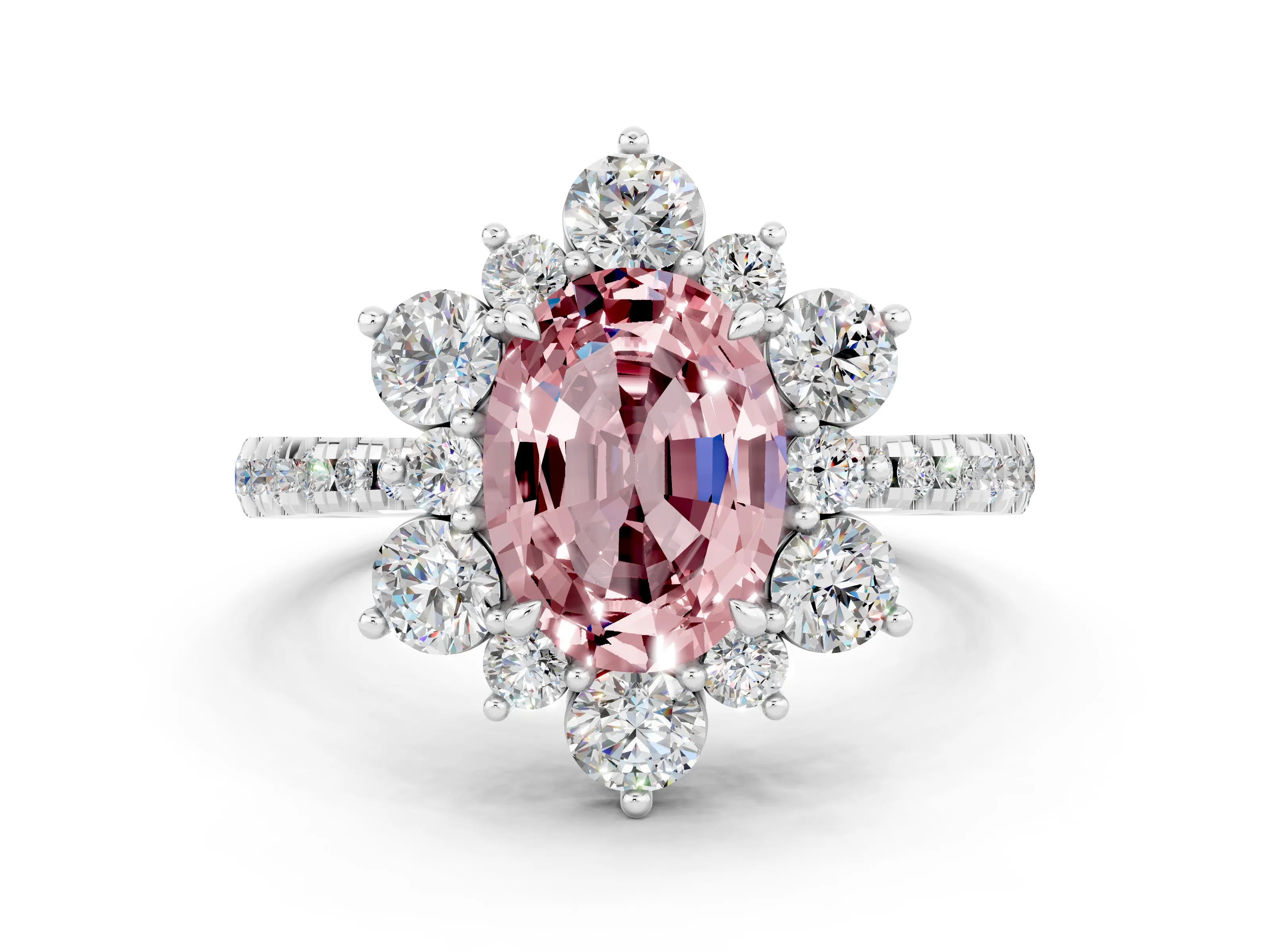 White gold Oval Cut Cut Diamond Floral Halo Pave Band with Prong Setting