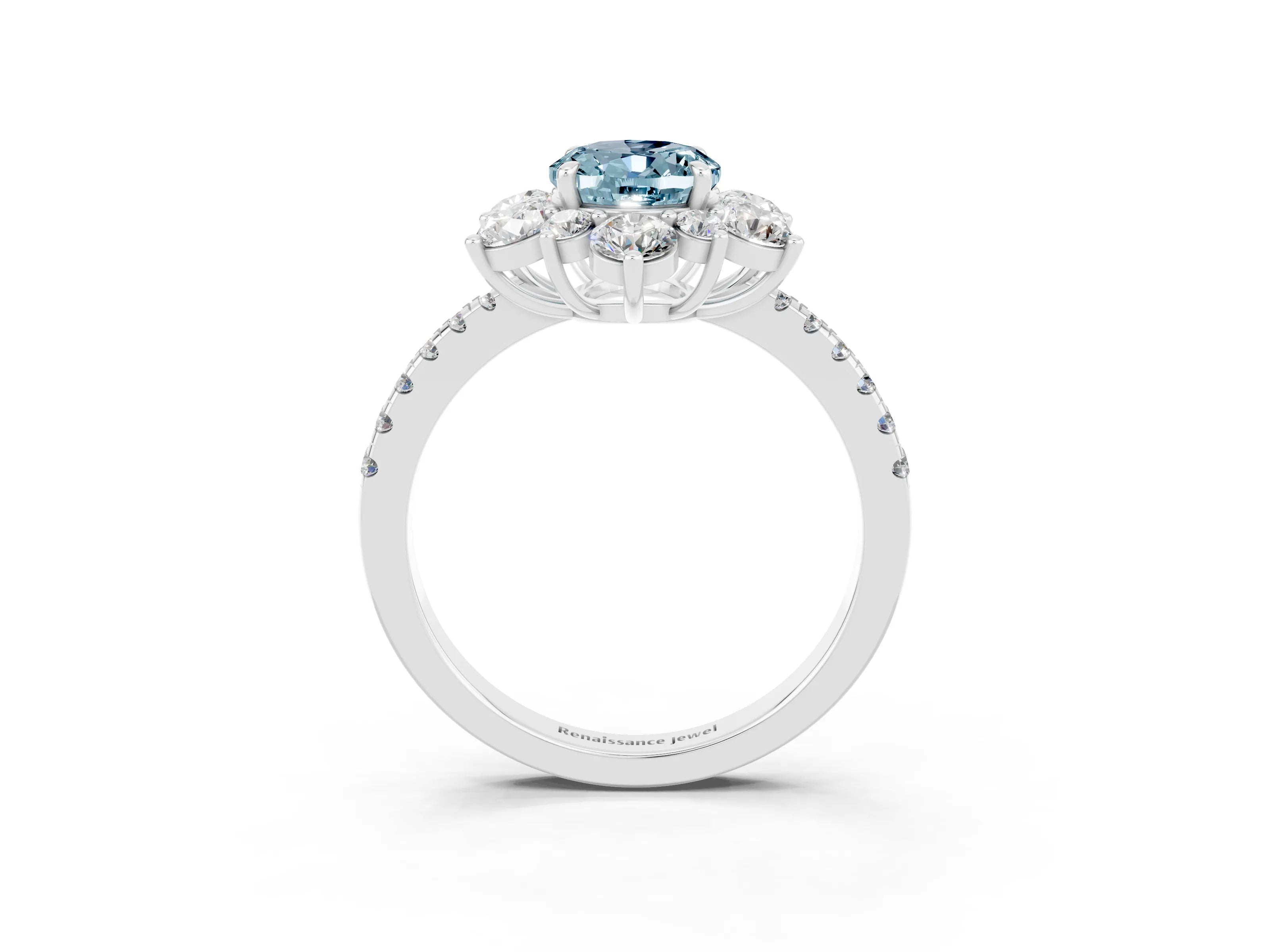 White gold Oval Cut Cut Diamond Floral Halo Pave Band with Prong Setting_3