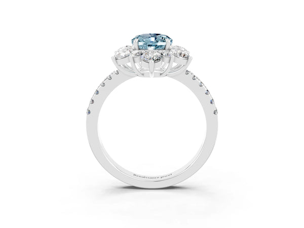 Platinum Oval Cut Cut Diamond Floral Halo Pave Band with Prong Setting