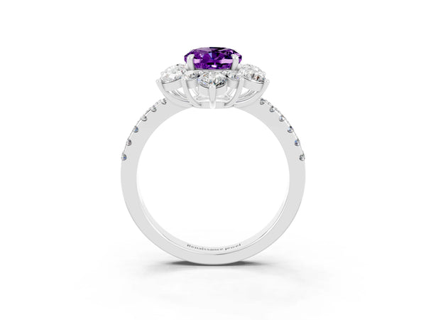 Silver Oval Cut Amethyst Floral Halo Ring with Round Pavé Band and Prong Setting