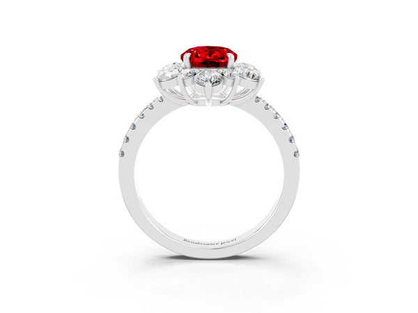 Silver Oval Cut Ruby Floral Halo Ring with Round Pavé Band and Prong Setting