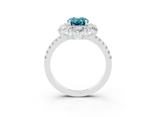 Platinum Oval Cut Cut Diamond Floral Halo Pave Band with Prong Setting