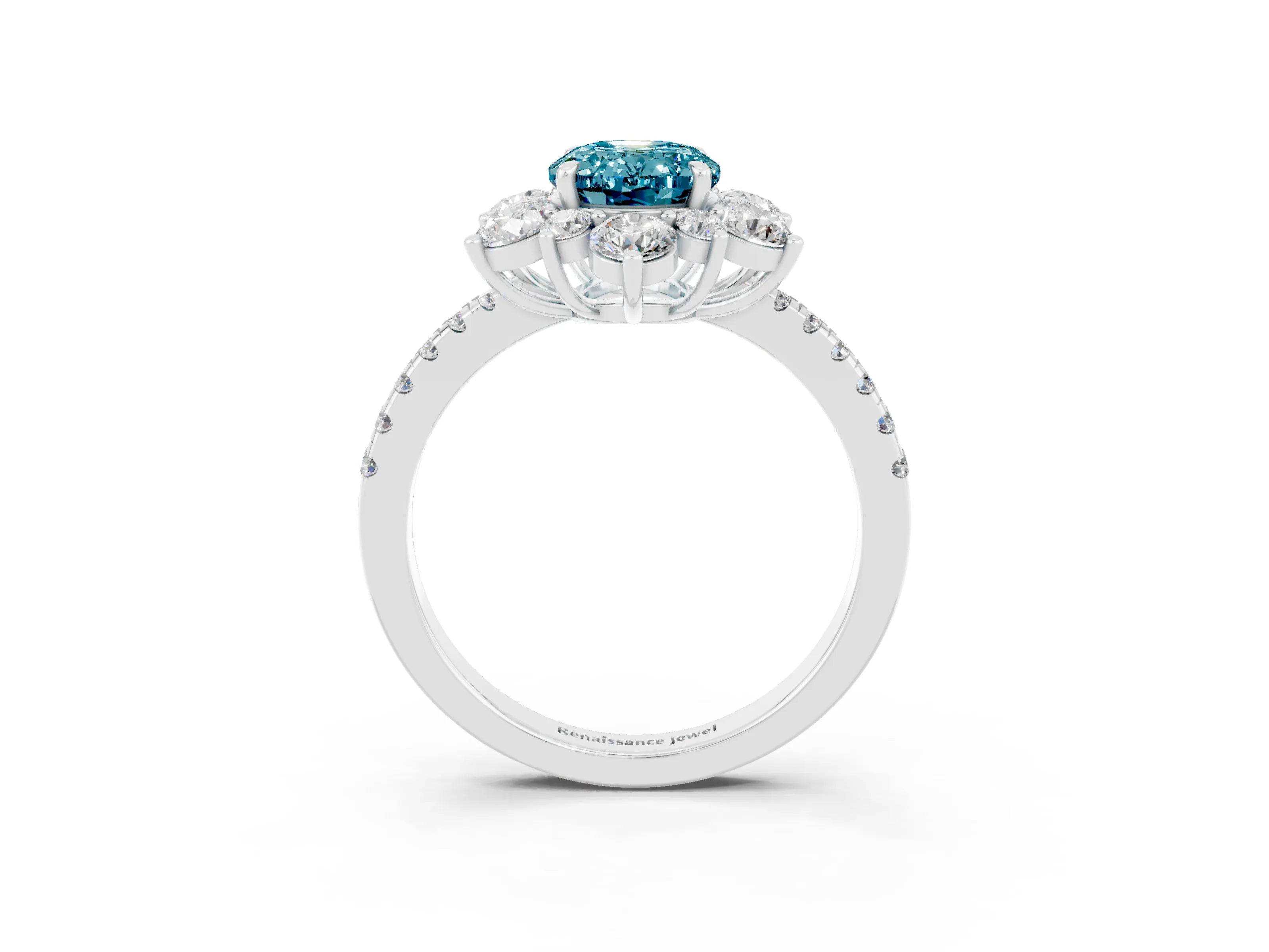 White gold Oval Cut Cut Diamond Floral Halo Pave Band with Prong Setting_3