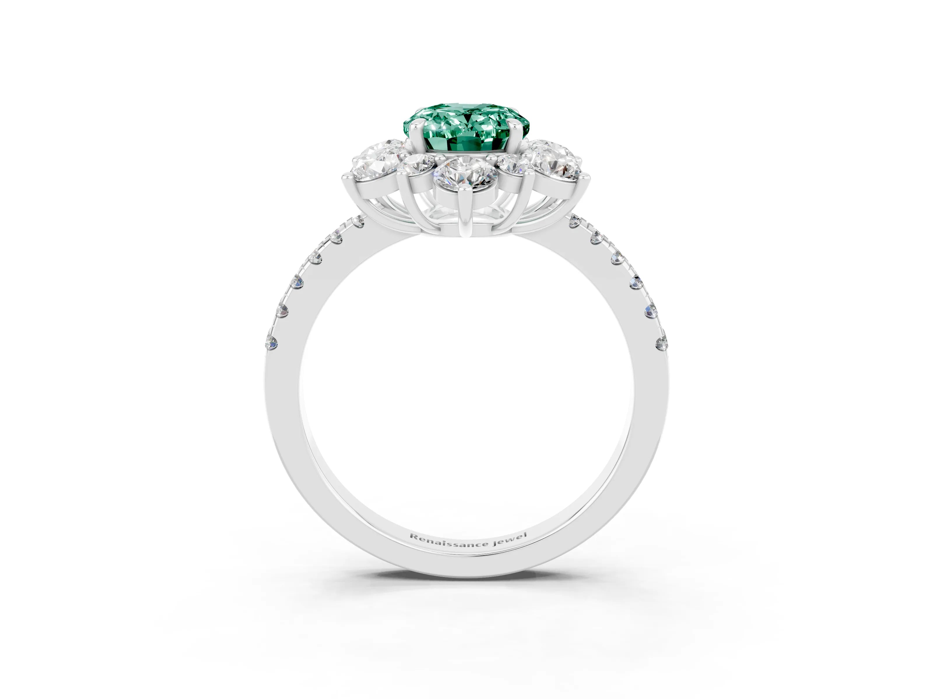 White gold Oval Cut Cut Diamond Floral Halo Pave Band with Prong Setting_3