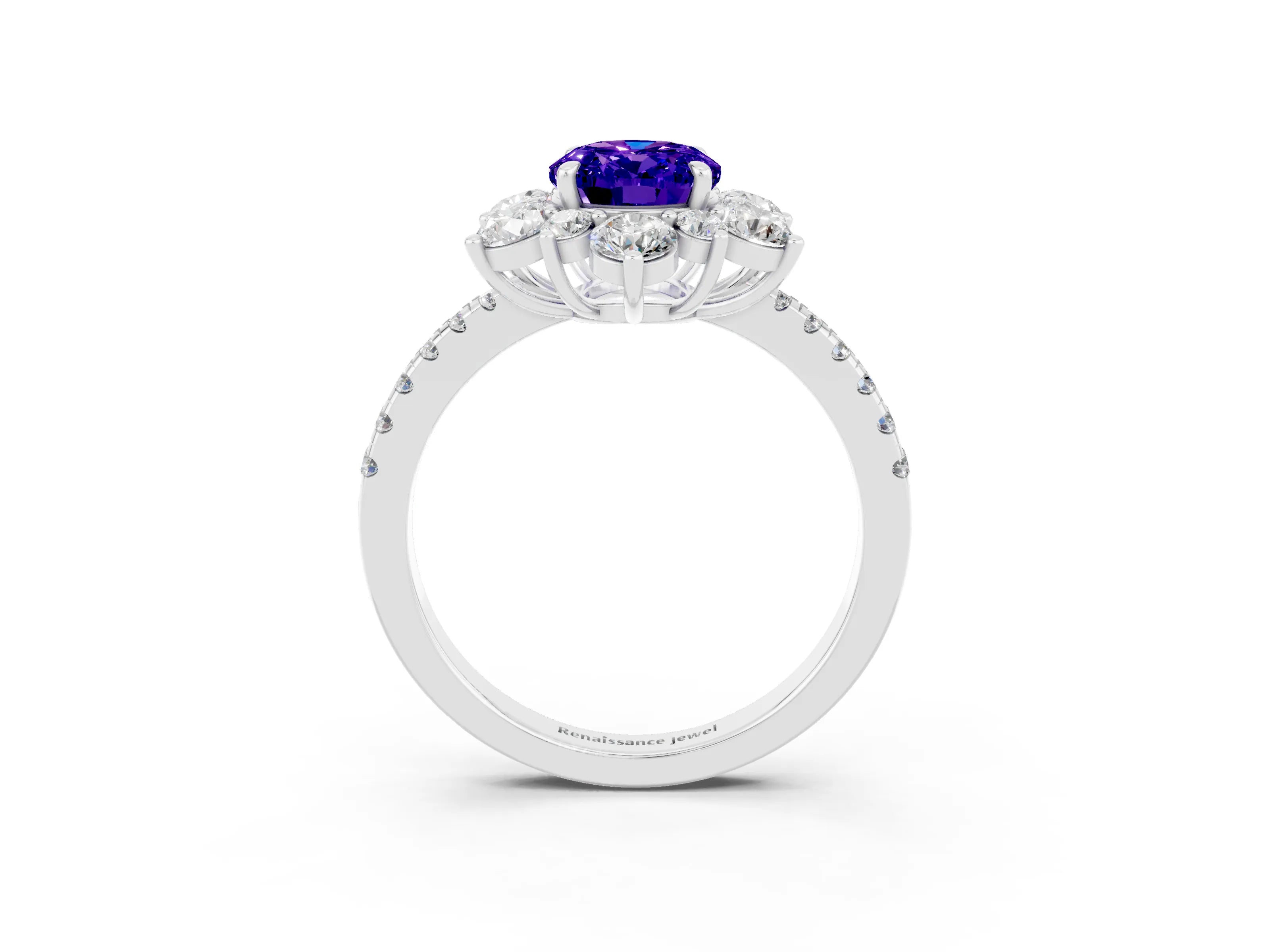 White gold Oval Cut Cut Diamond Floral Halo Pave Band with Prong Setting_3