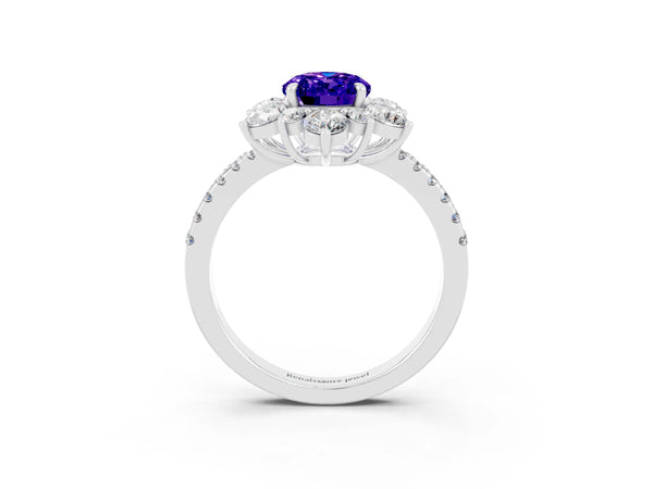 White gold Oval Cut Tanzanite Floral Halo Ring with Round Pavé Band and Prong Setting