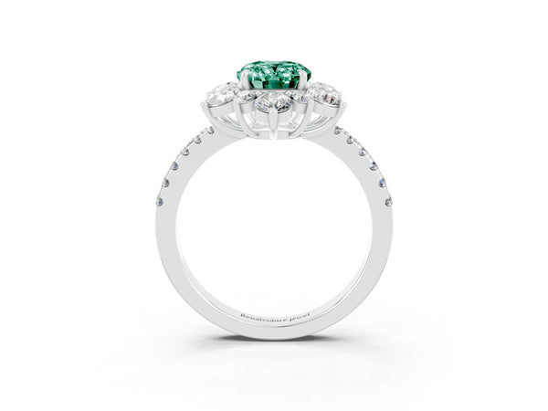 Silver Oval Cut Green Sapphire Floral Halo Ring with Round Pavé Band and Prong Setting