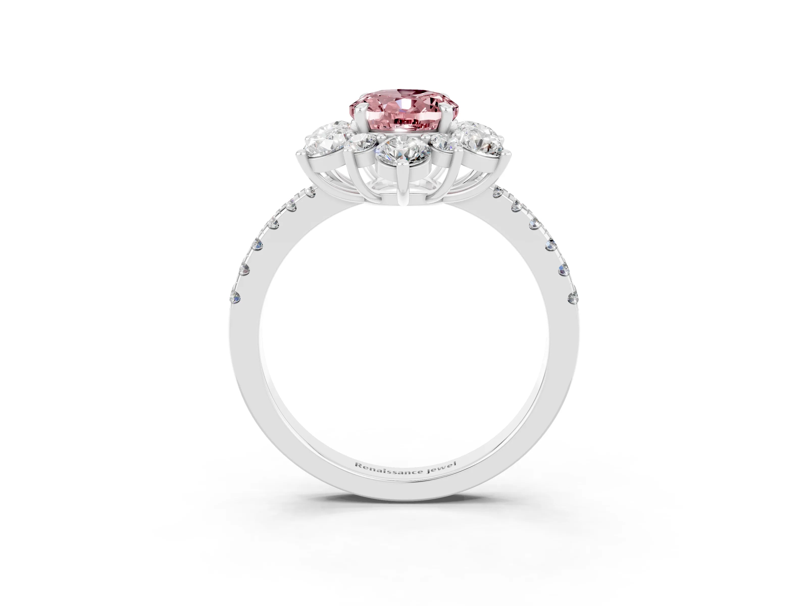 White gold Oval Cut Cut Diamond Floral Halo Pave Band with Prong Setting_3