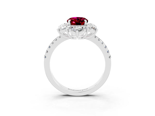 White gold Oval Cut Garnet Floral Halo Ring with Round Pavé Band and Prong Setting
