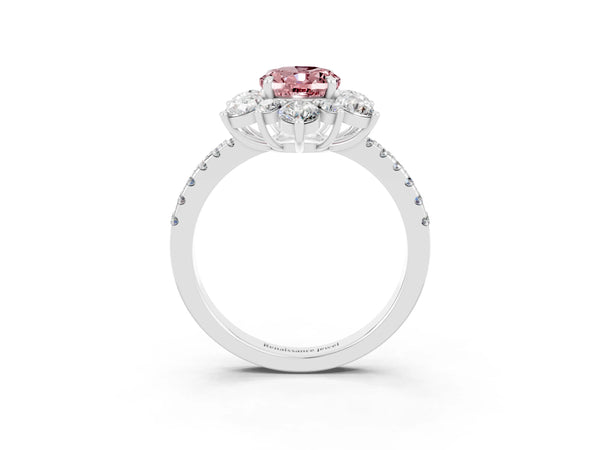 White gold Oval Cut Cut Diamond Floral Halo Pave Band with Prong Setting