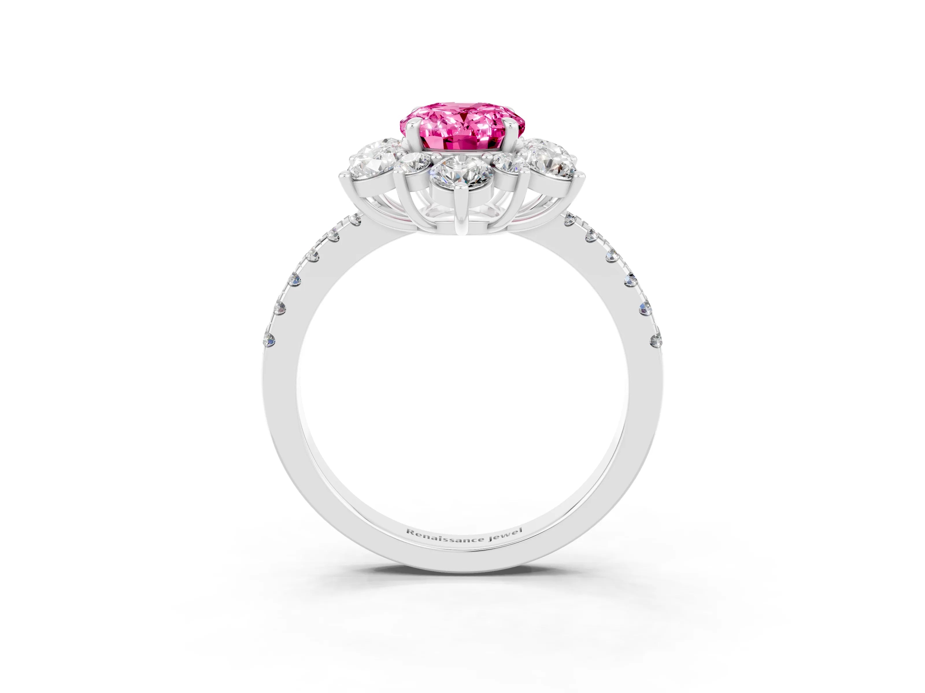 White gold Oval Cut Cut Diamond Floral Halo Pave Band with Prong Setting_3