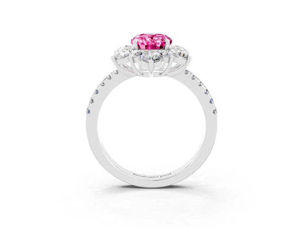 Platinum Oval Cut Cut Diamond Floral Halo Pave Band with Prong Setting