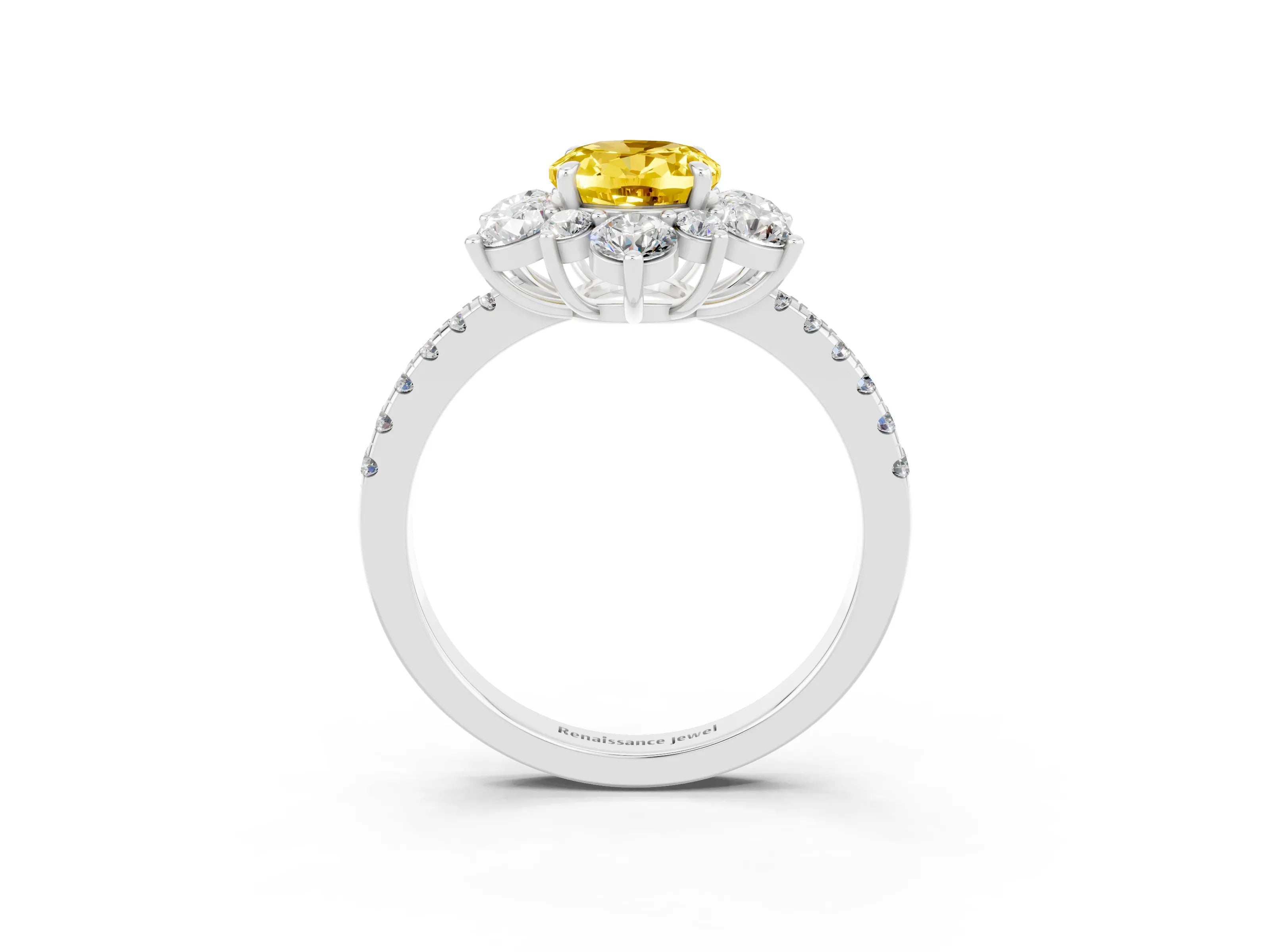 White gold Oval Cut Cut Diamond Floral Halo Pave Band with Prong Setting_3