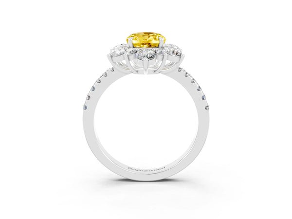 White gold Oval Cut Yellow Sapphire Floral Halo Ring with Round Pavé Band and Prong Setting