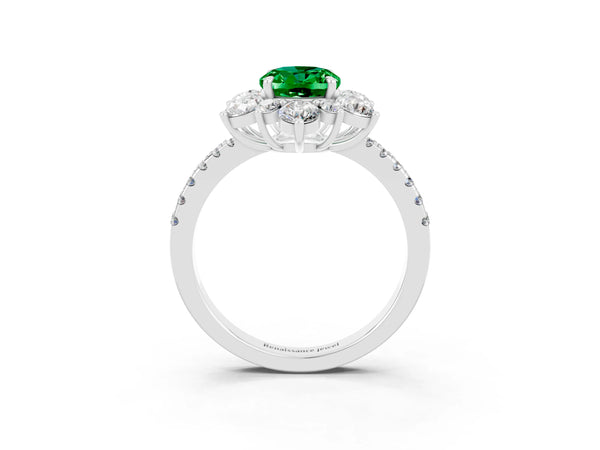 Silver Oval Cut Emerald Floral Halo Ring with Round Pavé Band and Prong Setting